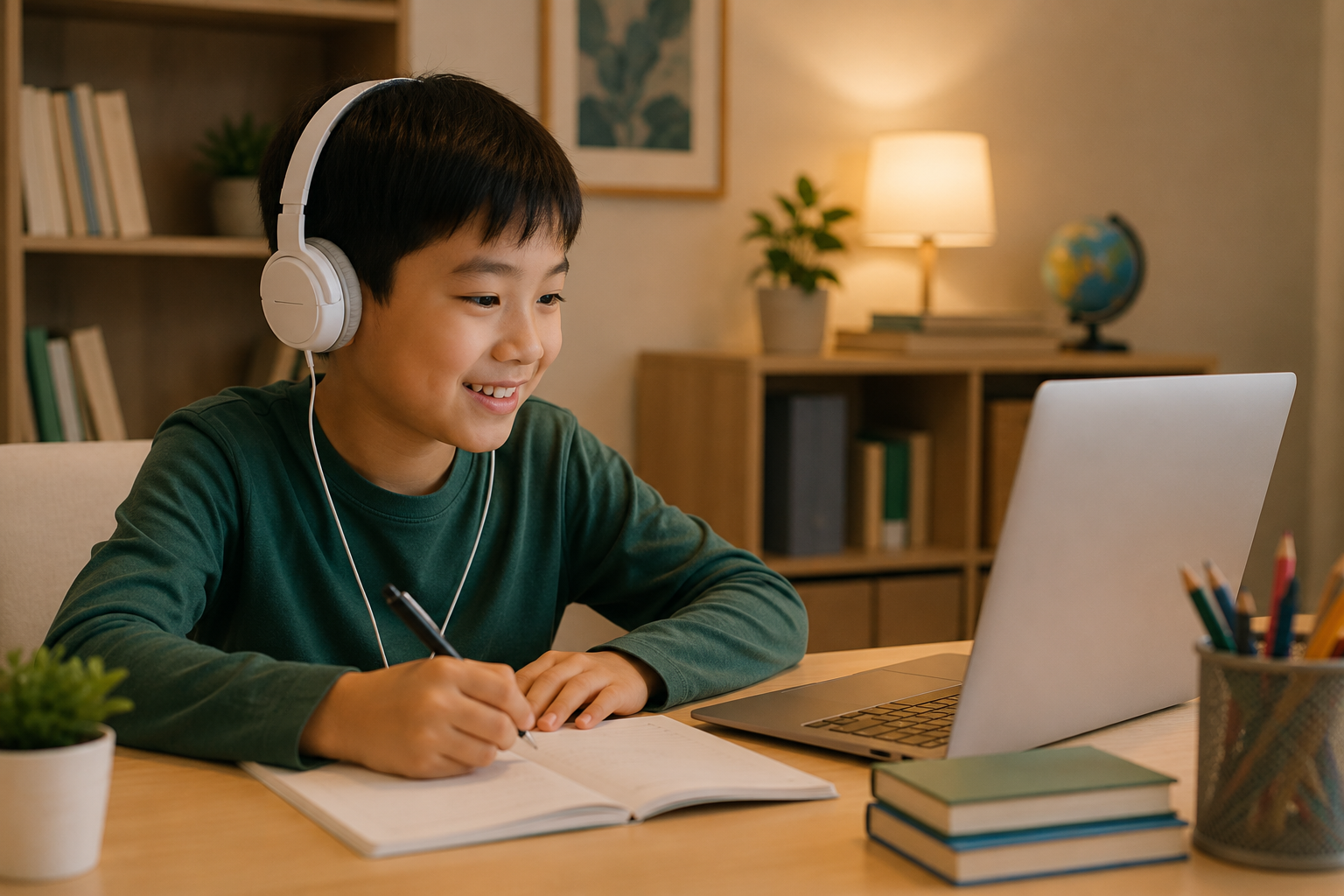 Boy with headphones reading and writing at a desk