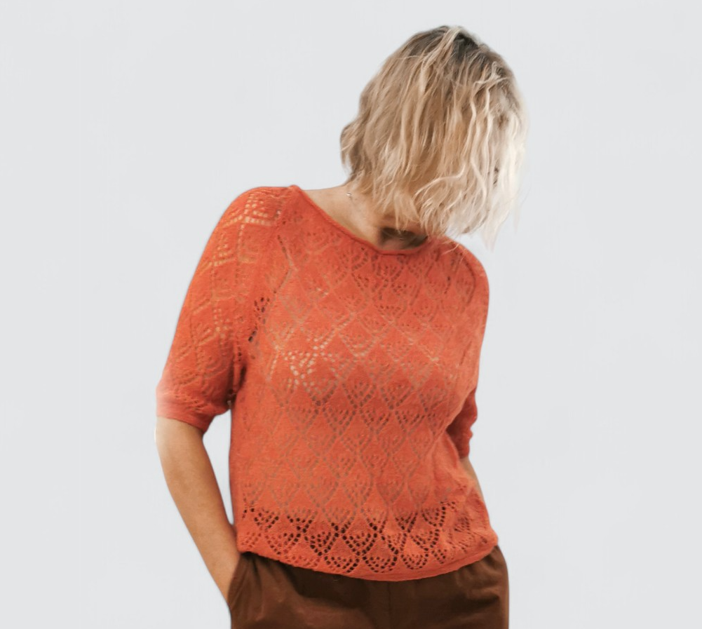 Boho style handknitted sweater Rowan from baby alpaca and silk
