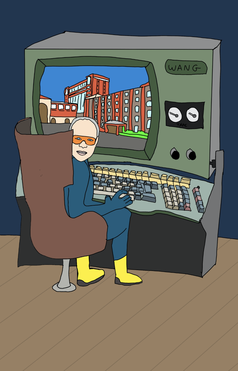 Illustrated superhero version of An Wang sitting at a large retro computer console labeled 'WANG.' He wears a blue and yellow superhero suit with an orange mask and gloves, looking over his shoulder. The screen displays a cityscape with red buildings and a blue sky