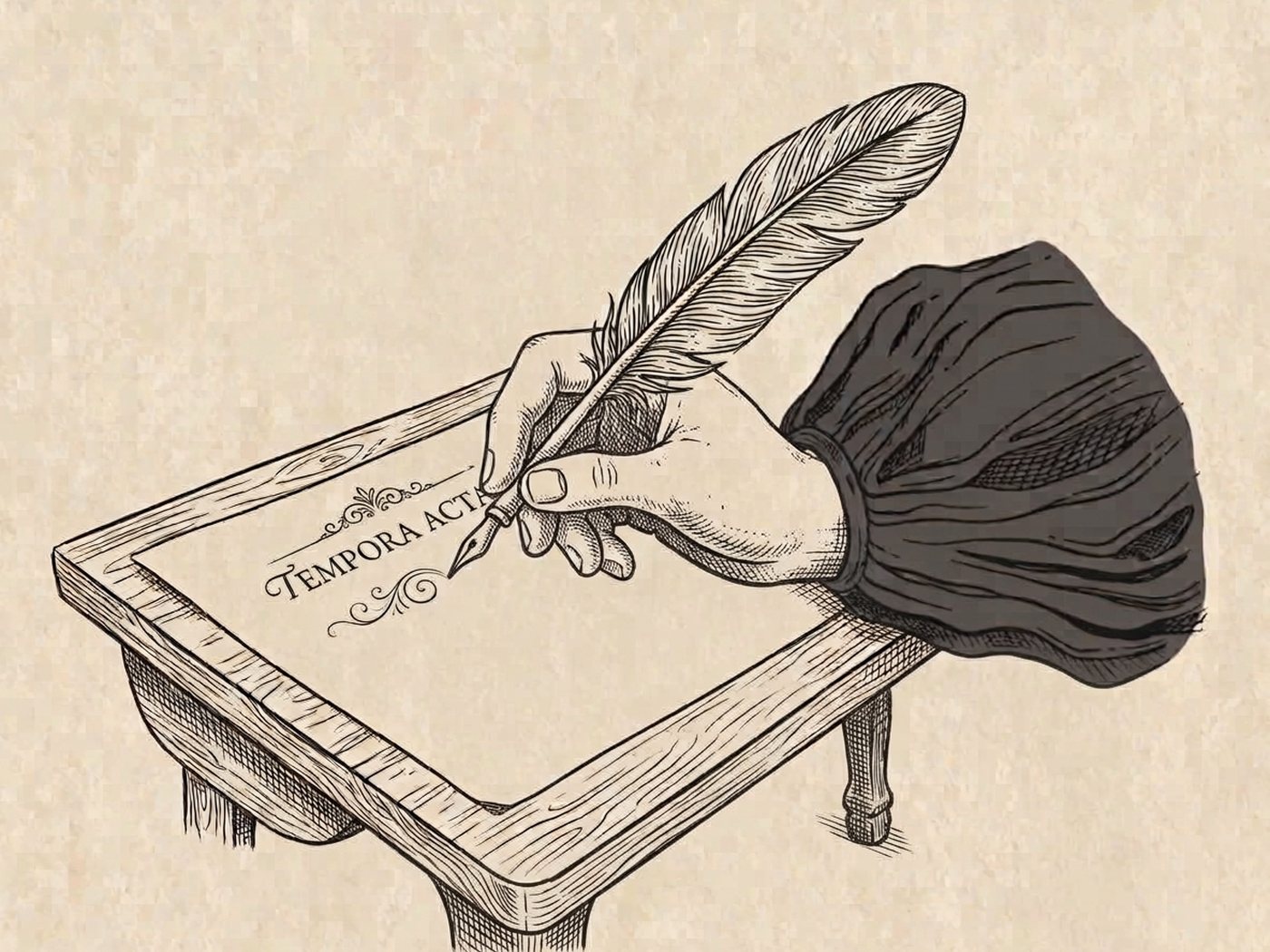 Engraving of a hand writing with a quill