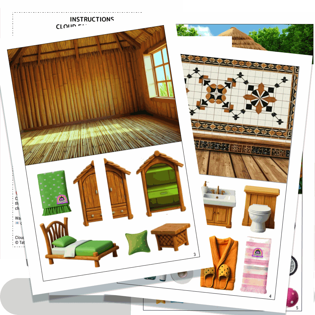Printable dollhouse with kitchen, bedroom and garden