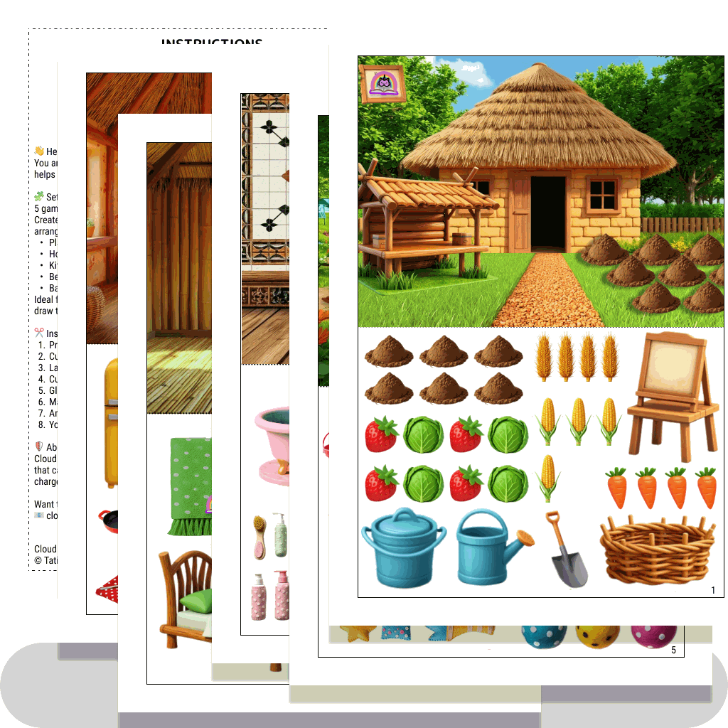Printable dollhouse with kitchen, bedroom and garden