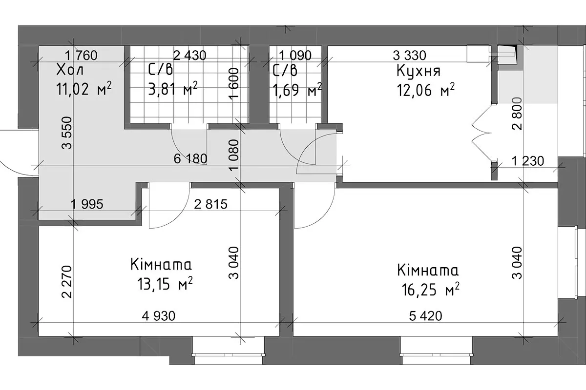 Планировка 2-комнатной квартиры в ЖК Чайка Люкс — вариант 7