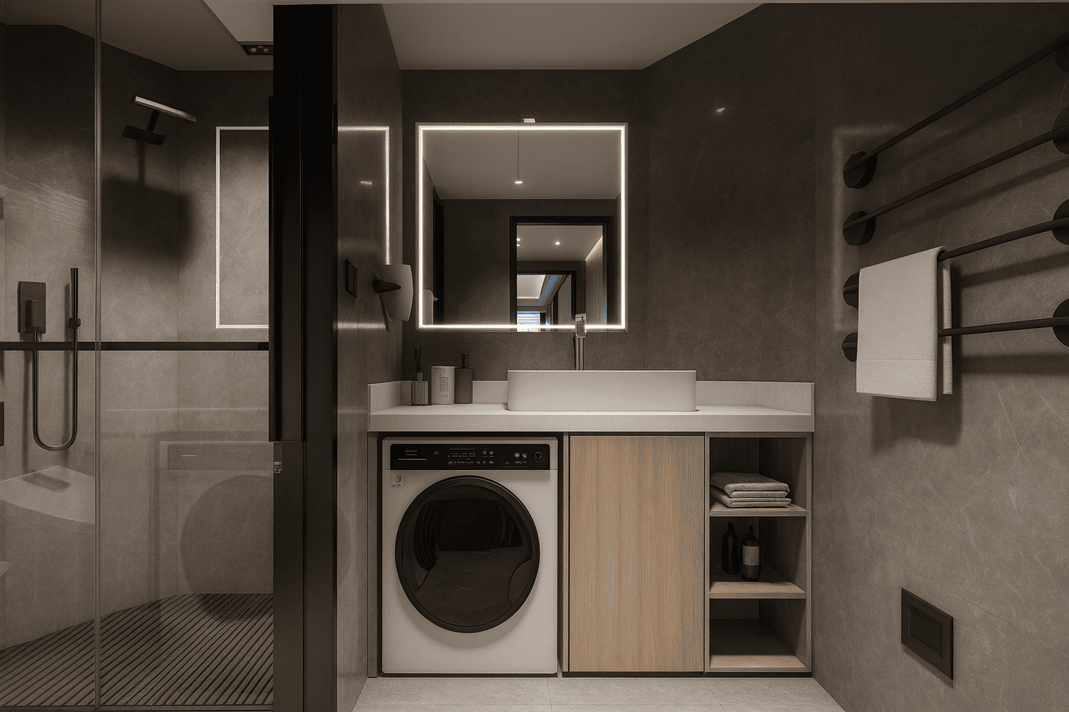 Elegant shower room with black fixtures in a Japanese modular home