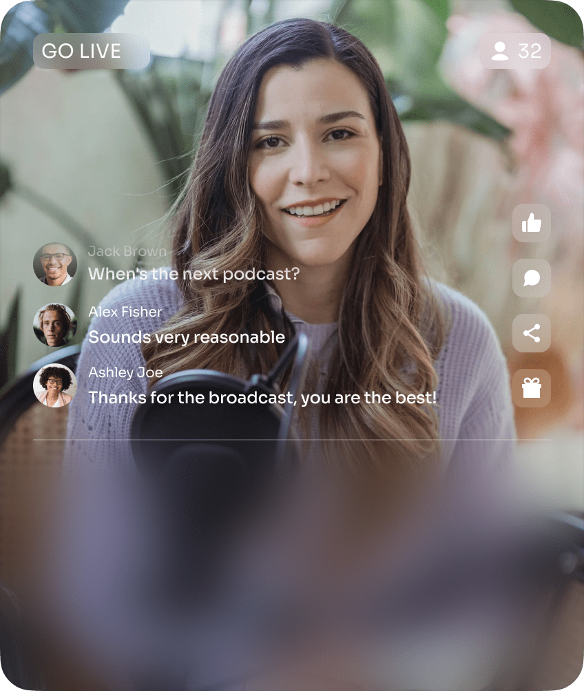 Woman using Go Live feature of ChooseMe app to speak on a podcast to her audience