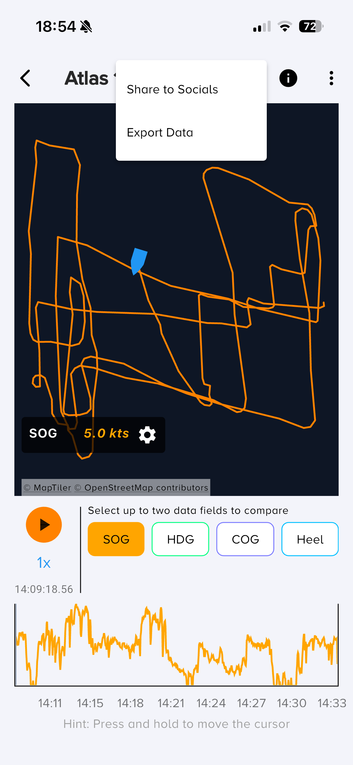 Vakaros app — menu → Export Data