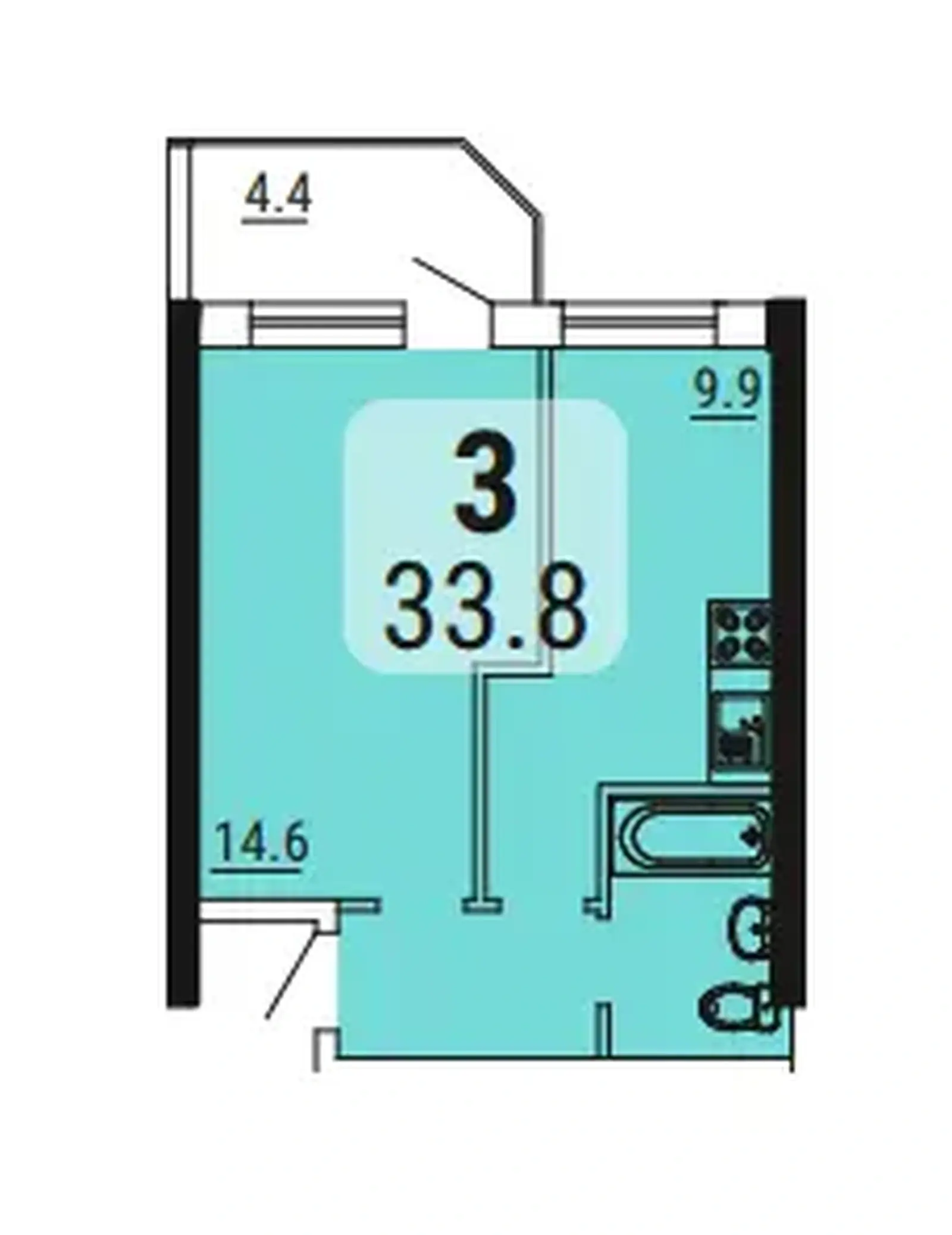 Планировка 1-комнатной квартиры 33,8 м² в ЖК Малинки