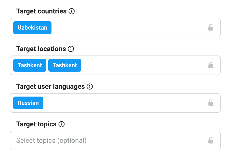 Поля Target countries, Target locations и Target user languages в кабинете Telegram Ads
