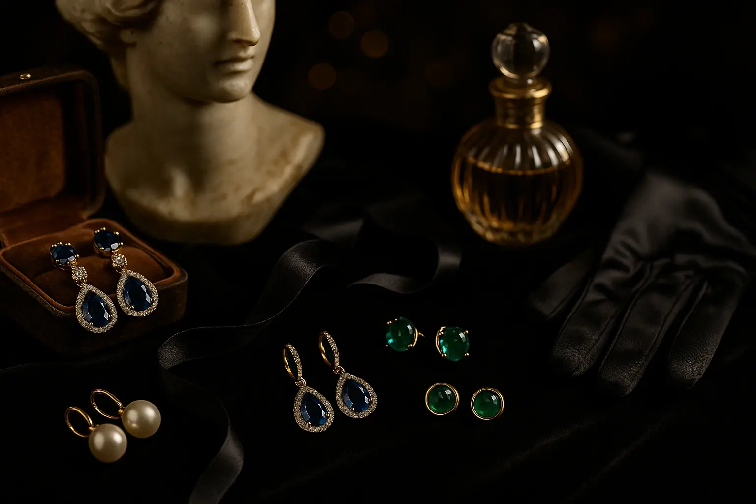 Сережки HURTOVA з сапфірами, смарагдами та перлами — золото 585, стиль «Нескучна класика»