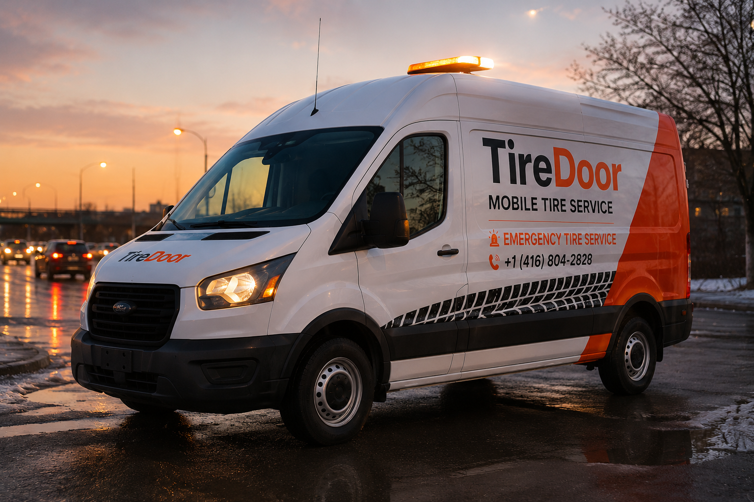 Roadside mobile tire technician helping a stranded driver in Toronto