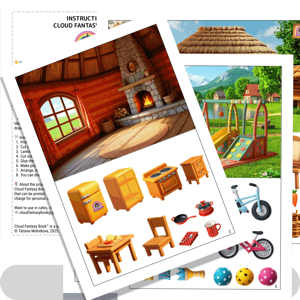 Printable dollhouse with kitchen, bedroom and garden