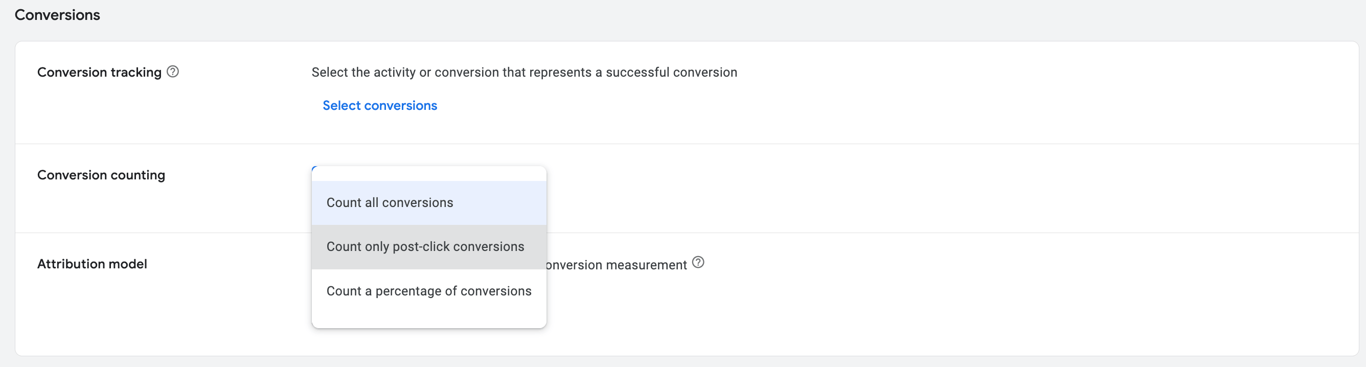 Блок Conversion tracking с dropdown Conversion counting и Attribution model