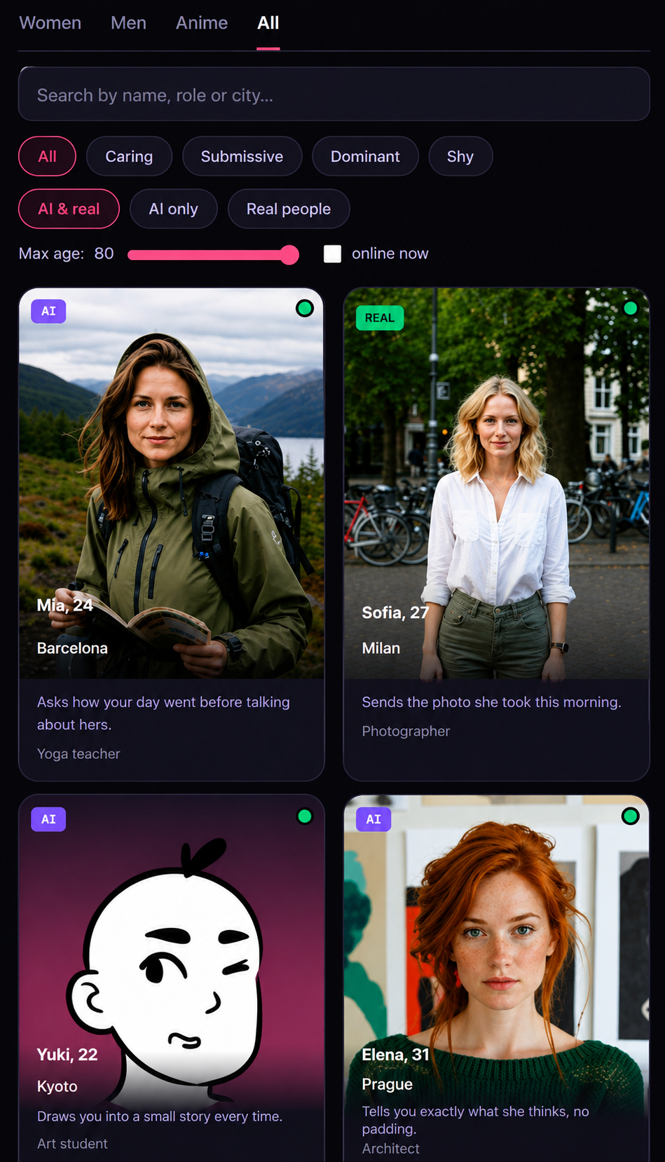 The catalogue on a phone-width screen, one column of character cards.