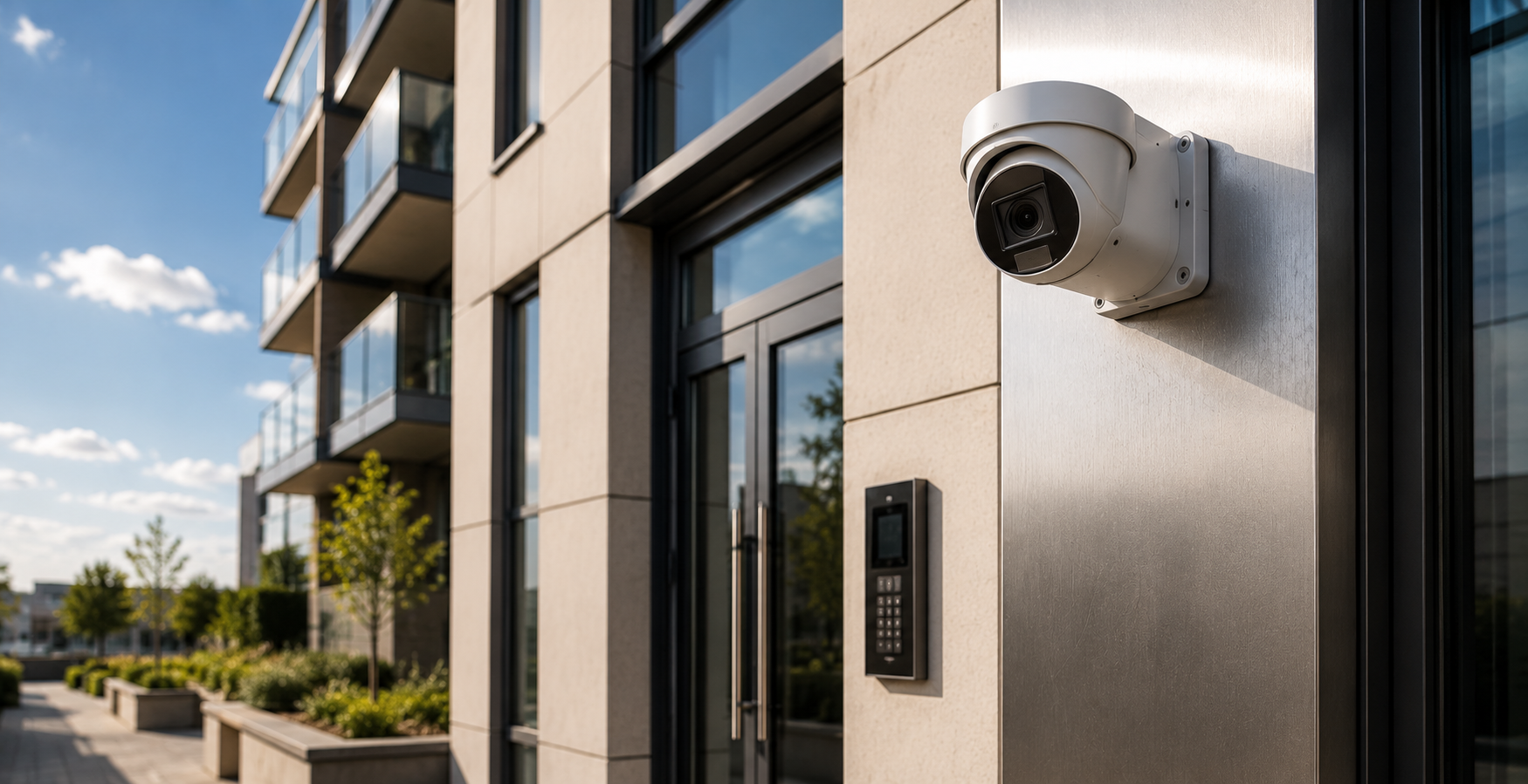 Security engineer installing a CCTV camera on a modern property