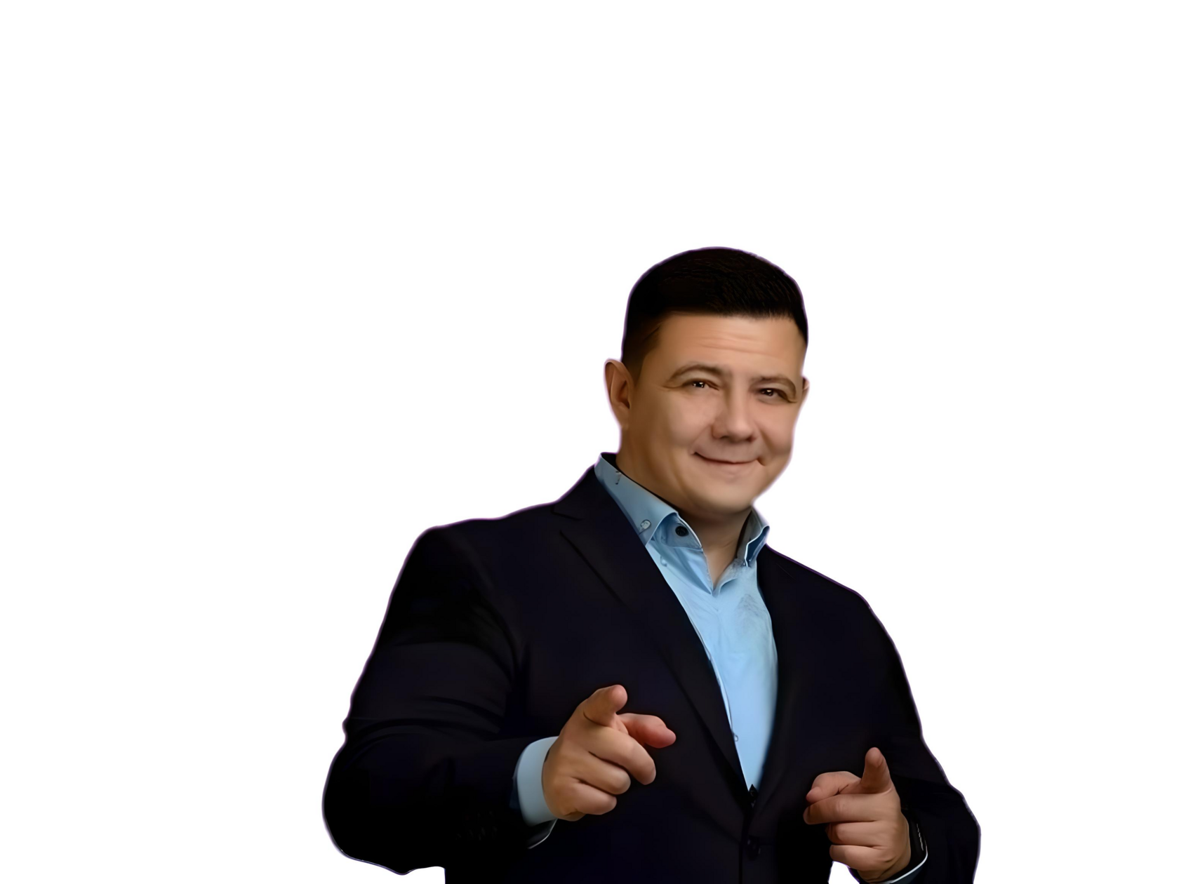 Добролюбний чоловік у діловому костюмі вказує на вас, посміхаючись