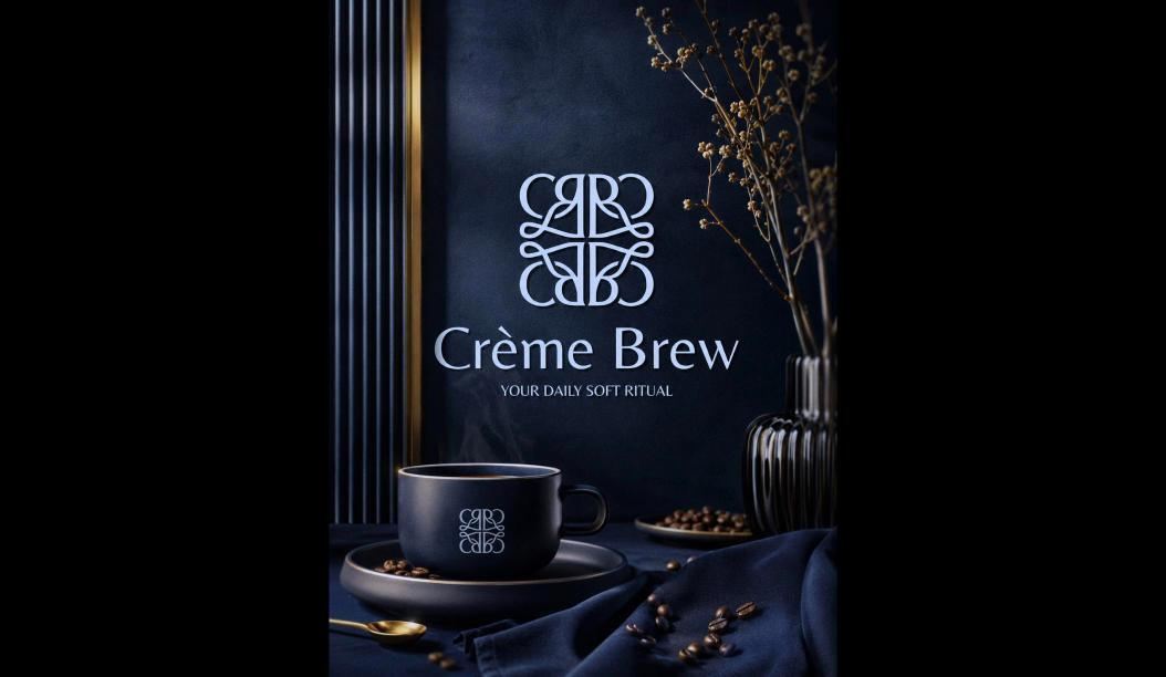 Crème Brew monogram logo on a café wall