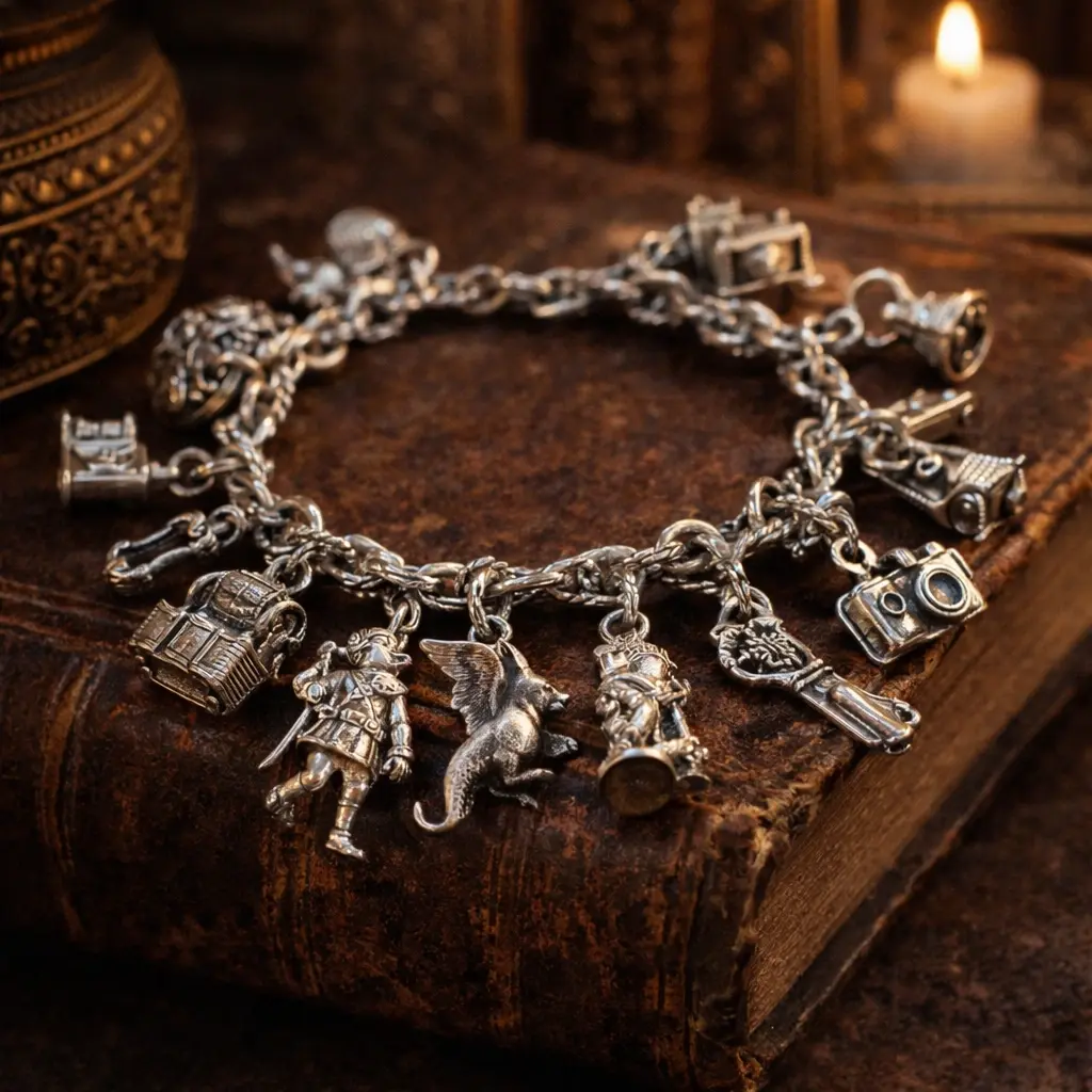 Вінтажний срібний браслет з шармами — декоративні срібні фігурки, класичний ювелірний стиль