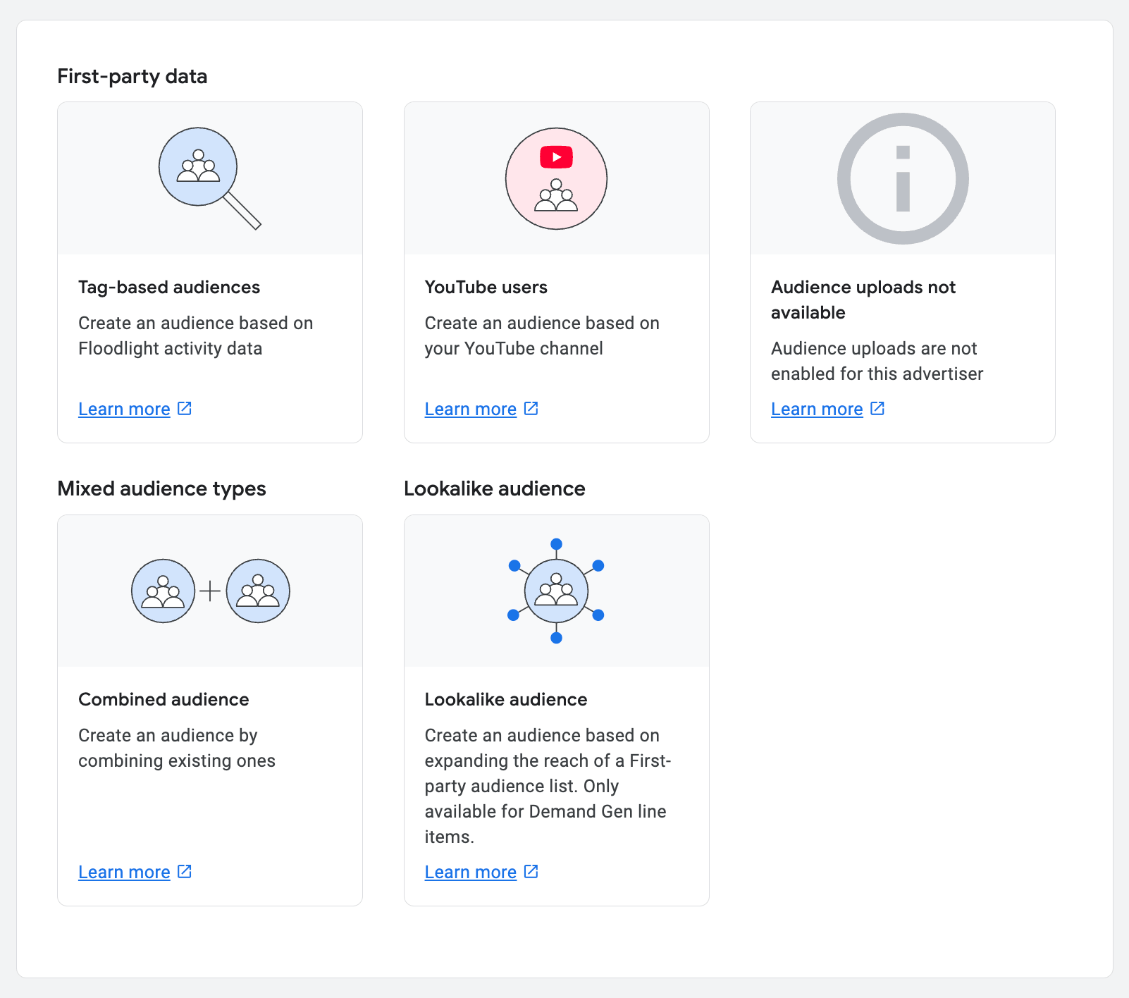 Карточки типов аудиторий в DV360: First-party data (Tag-based, YouTube users), Mixed audience types (Combined и Lookalike)