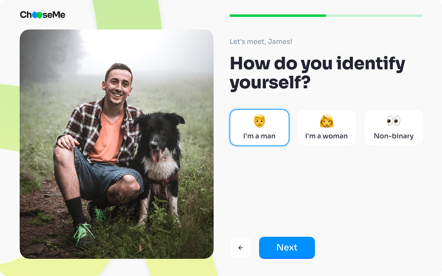 Sign up screen for ChooseMe where a person is filling their gender
