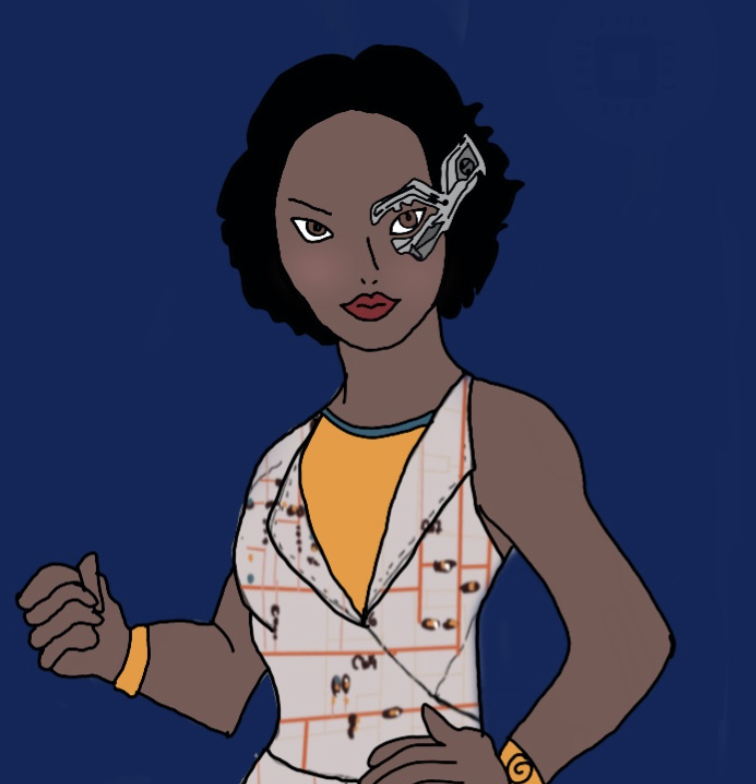 Illustrated superhero trading card of Annie Easley from The Remarkablz. She has short black hair and a cybernetic enhancement over her eye