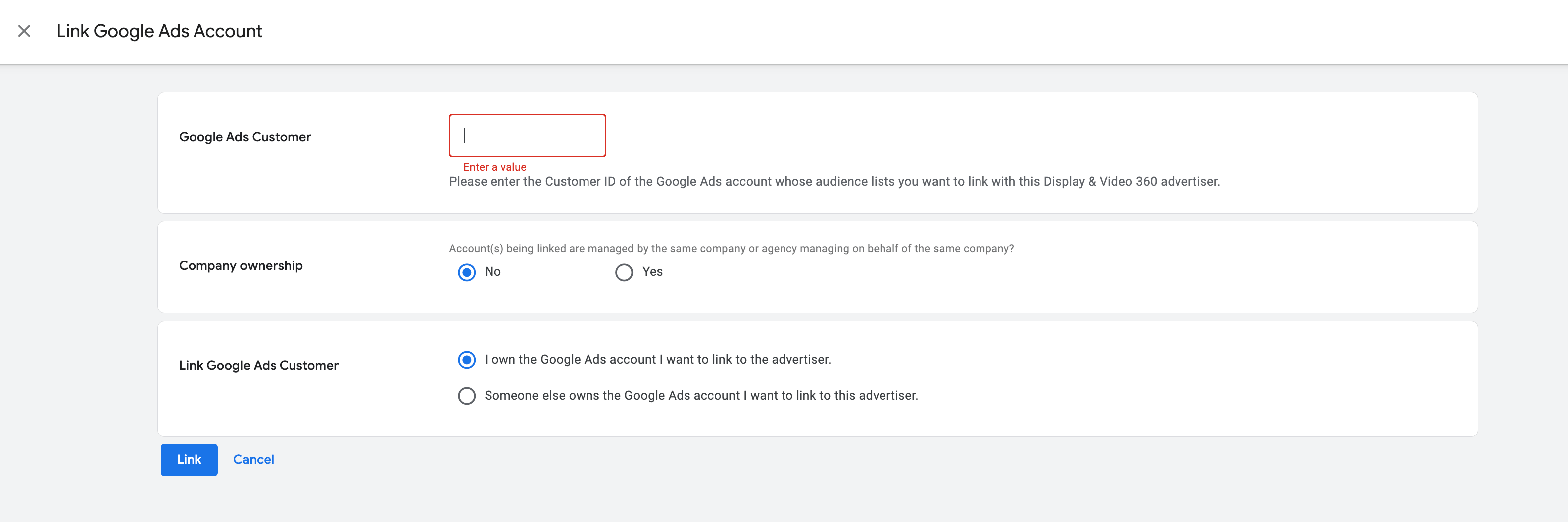 Окно Link Google Ads Account в DV360 с полями Google Ads Customer, Company ownership и Link Google Ads Customer