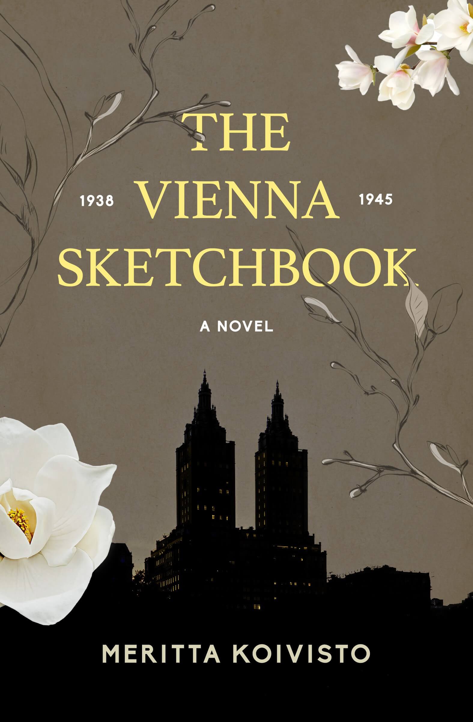 Book cover of The Vienna Sketchbook by Meritta Koivisto, featuring dark silhouettes of buildings, magnolia flowers, and decorative branches.
