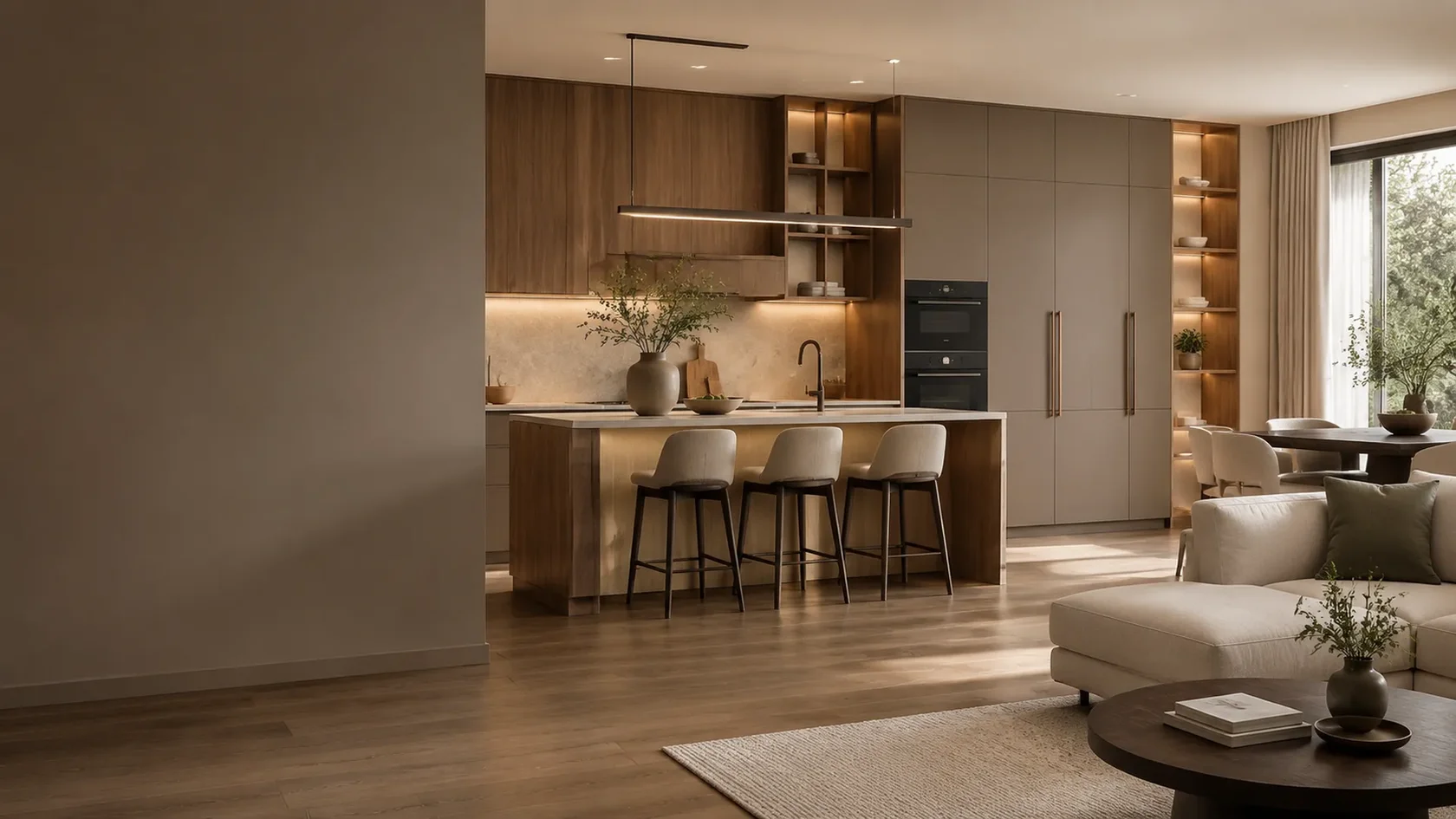 Interior modern cu bucătărie deschisă, mobilier din lemn nuc și insulă centrală, realizat la comandă de FaurMobila în Chișinău