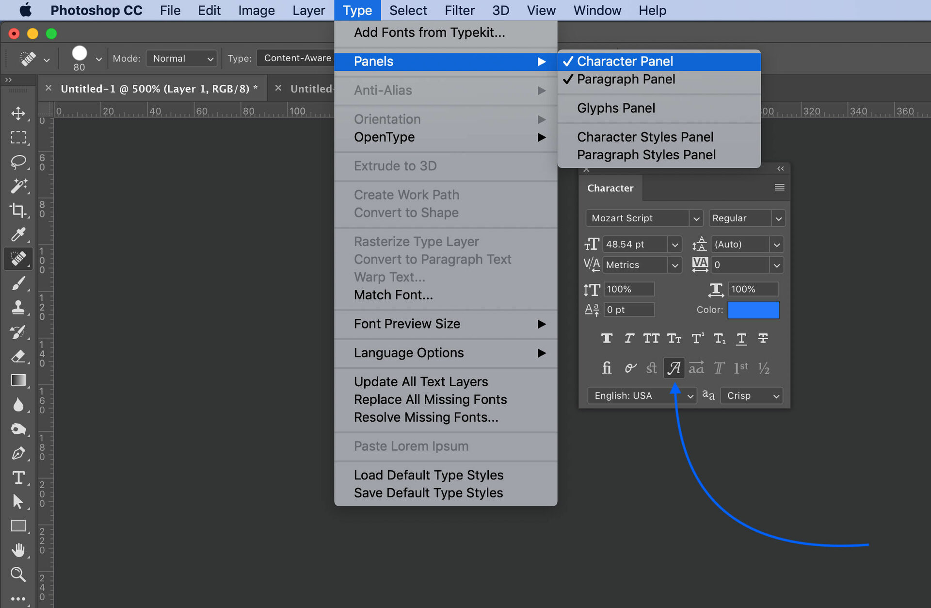 Swash, Adobe Photoshop, opentype