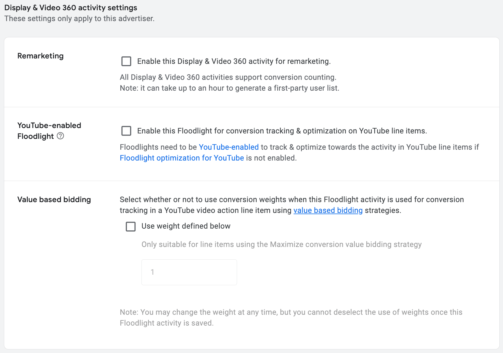 Display & Video 360 activity settings: чекбоксы Remarketing, YouTube-enabled Floodlight, Value based bidding с весами конверсий