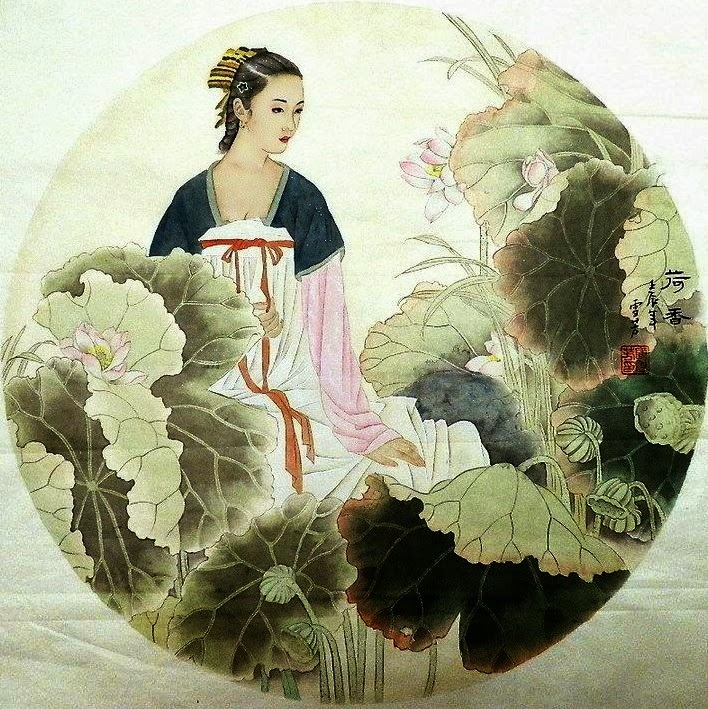 Traditional Chinese painting of Wang Zhenyi, an 18th-century astronomer, sitting among lotus plants. She is known for her work on eclipses and celestial mechanics