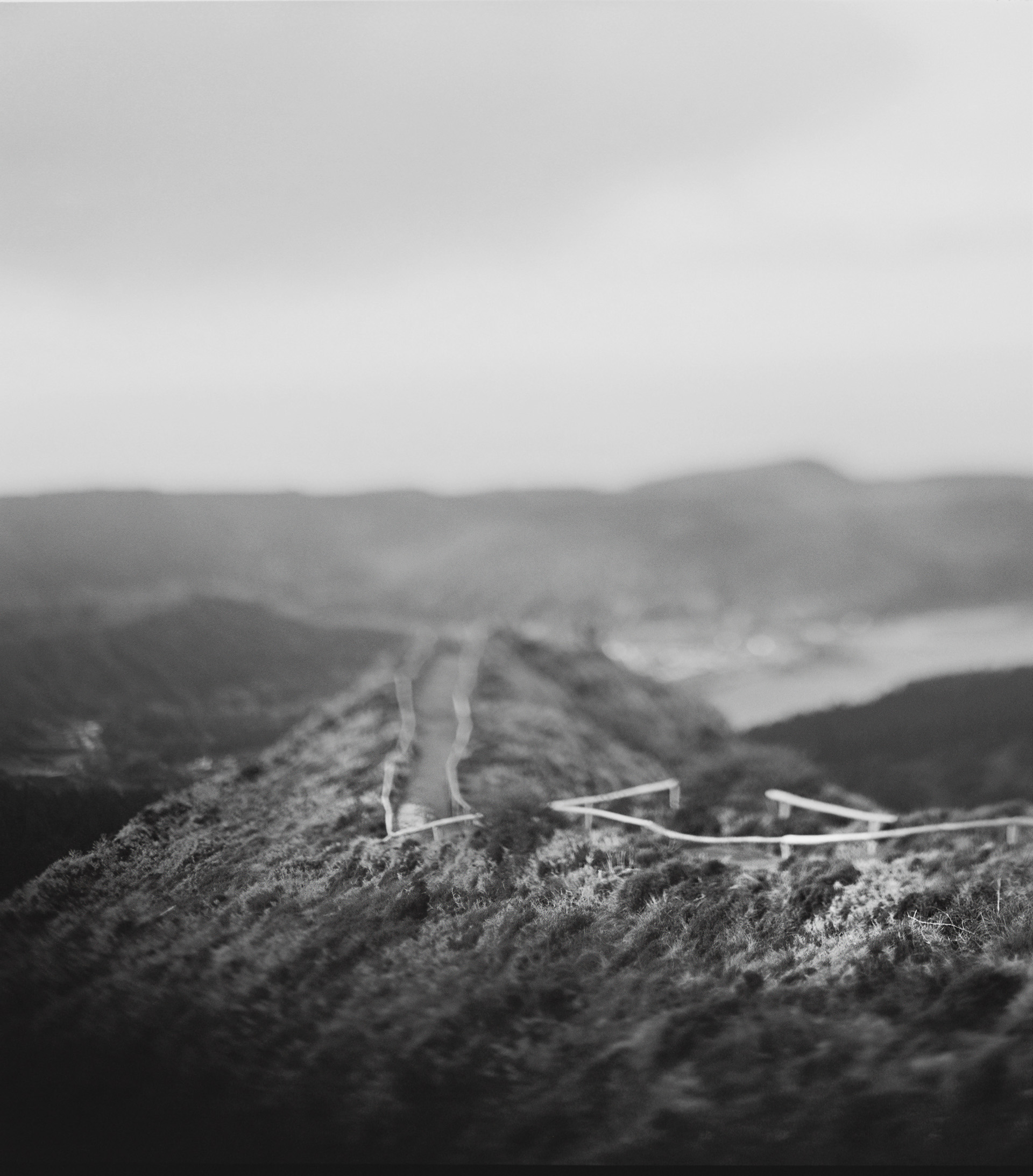 A trail leading to an open view of a double volcanic lake