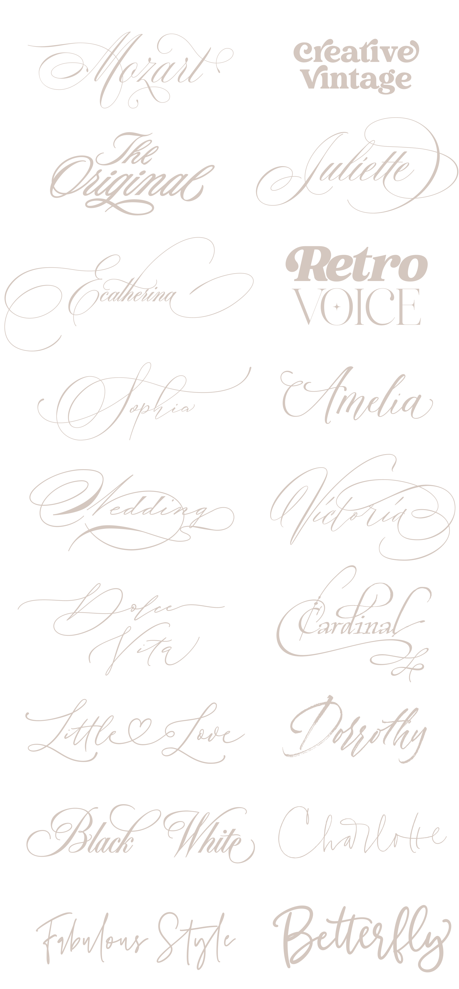 Mozart, Creative Vintage, Ecatherina, The Original font, Juliette Font, Retro Voice font, Victoria, Sophia, Amelia, The Secret, fonts by BLessed Print