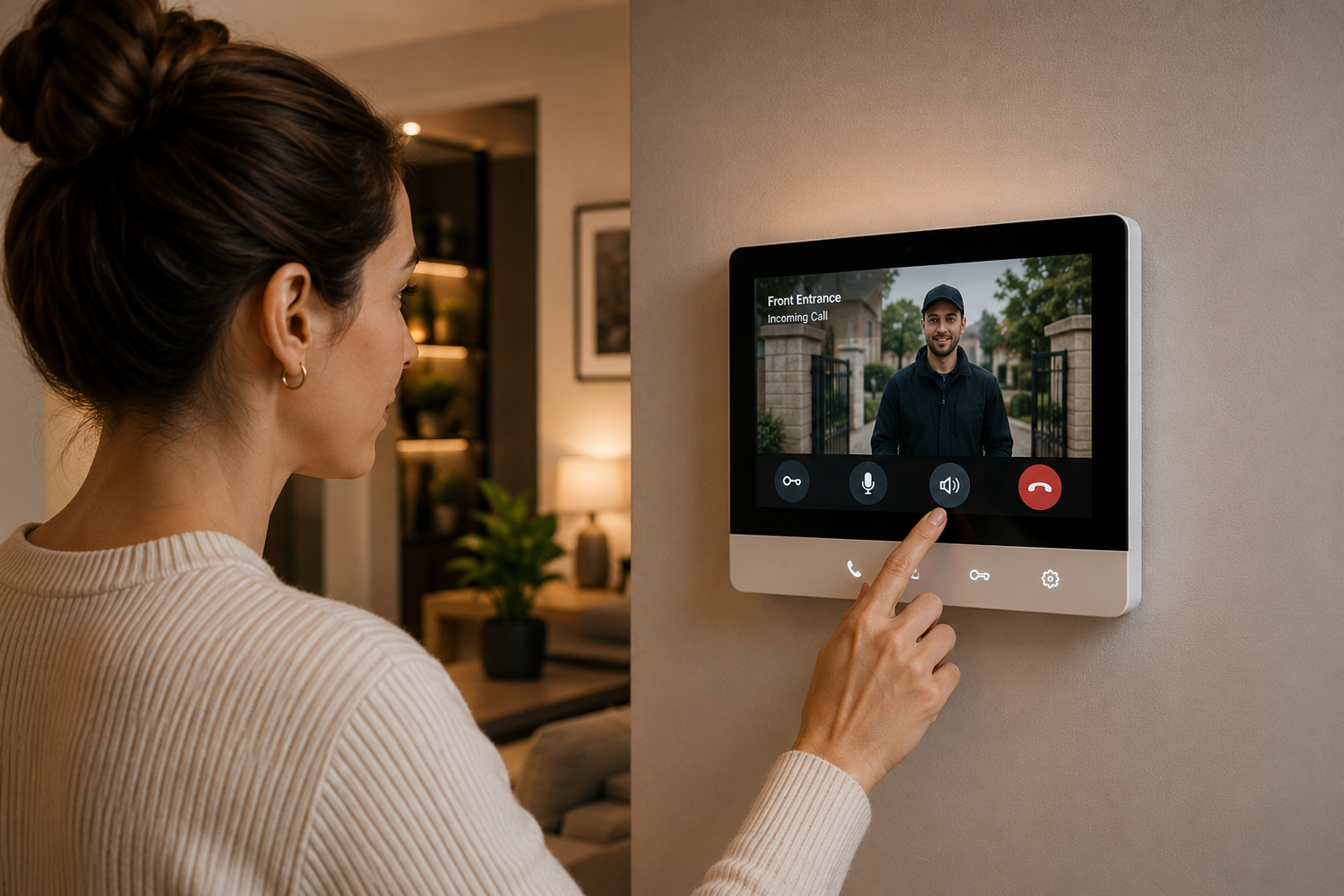 Resident speaking to a visitor through a modern video intercom monitor