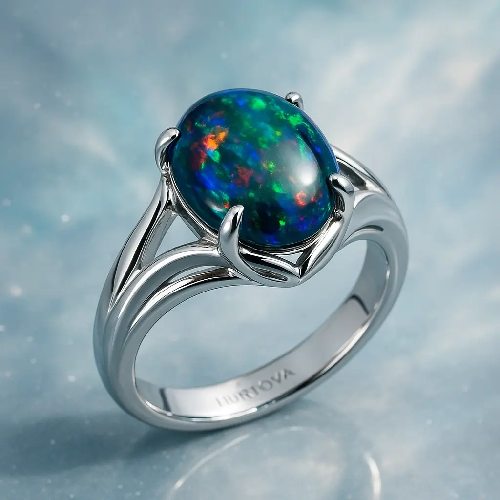 Футуристична каблучка з білого золота з великим чорним опалом з яскравою грою кольорів, відкритий інопланетний дизайн, полірований метал, преміальна ювелірна прикраса HURTOVA 