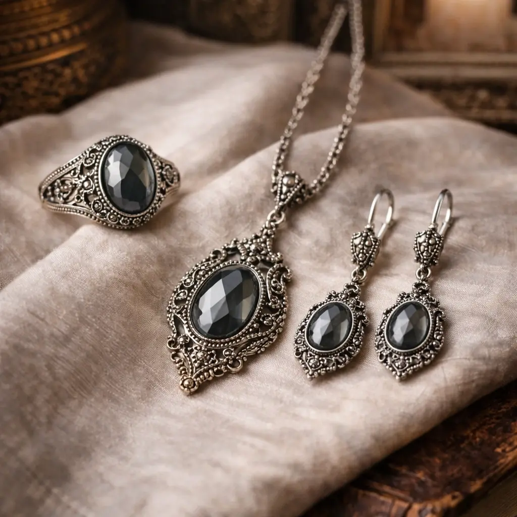 Вінтажний срібний комплект з гематитом — каблучка, сережки та кулон у класичному стилі, ювелірні прикраси HURTOVA 