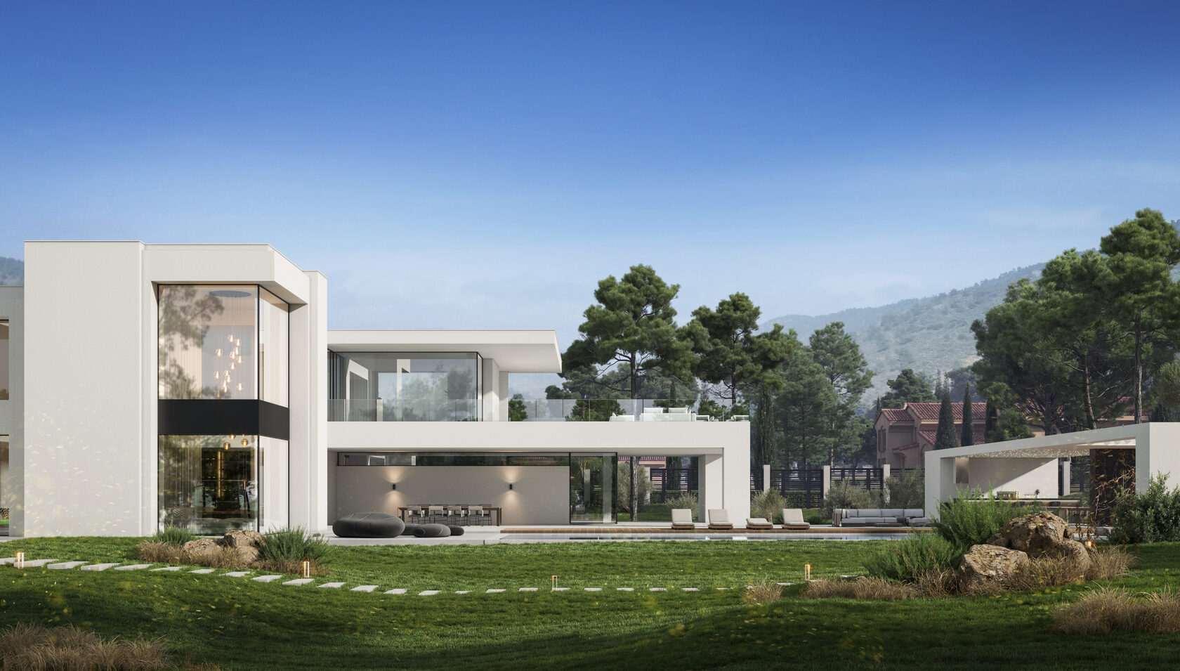 This estate consists of several buildings — including the main residence, a spa, and auxiliary structures, located in the hills near Limassol